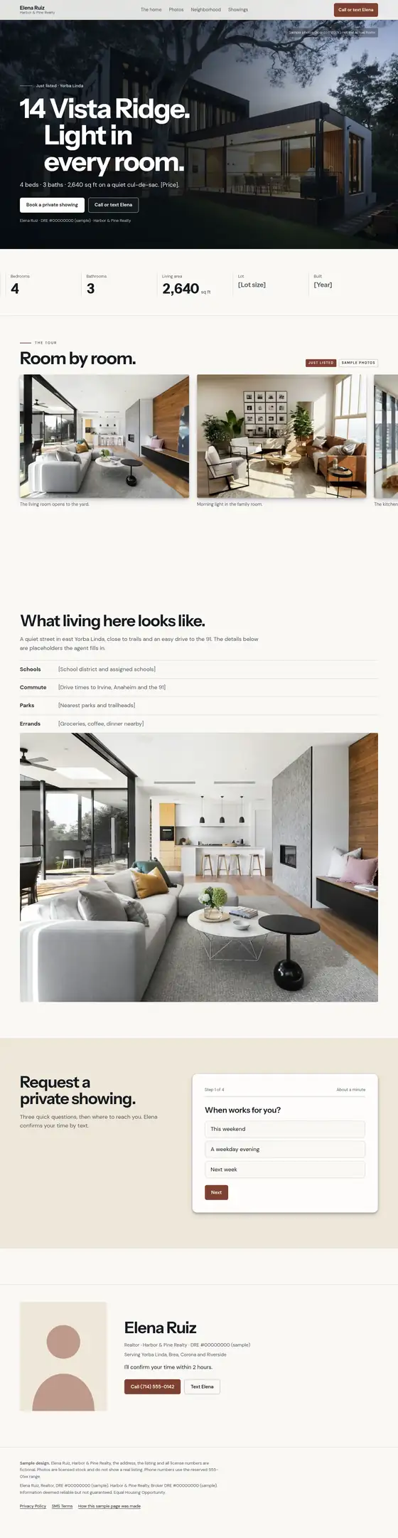 Preview of the listing showcase sample page, from its photo hero down to the showing form