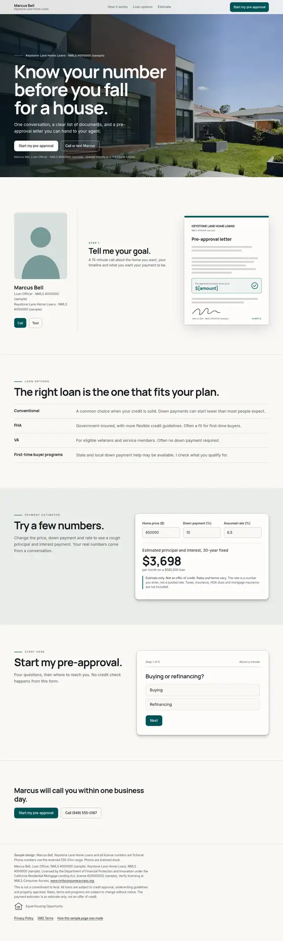 Preview of the loan officer pre-approval sample page, with a pre-approval letter and payment estimator